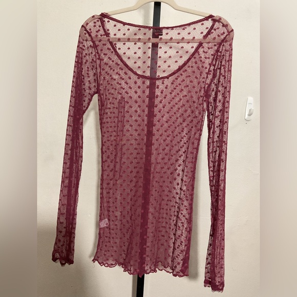 Poof Vintage Y2K Women's Pink Shirt Sheer Burgundy Polka Dot Top - Picture 9 of 12